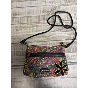 Sakroots Crossbody Bag Colorful Floral Print Black Leather Trim